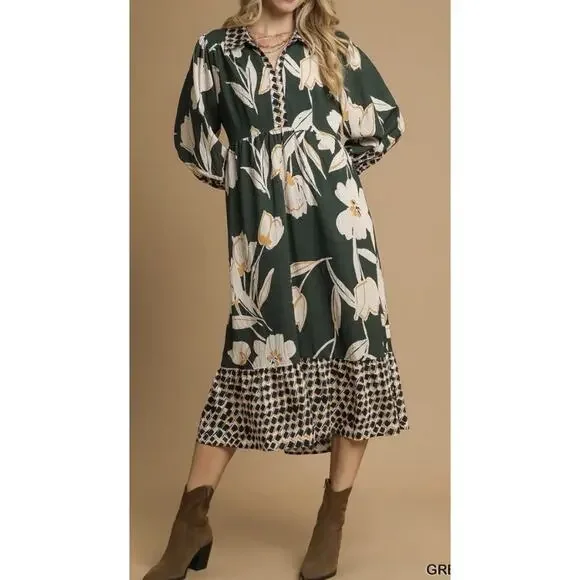 NWT Umgee Women's Newbury Green Floral Boho Balloon Sleeves Maxi Dress - Size S - Picture 1 of 6
